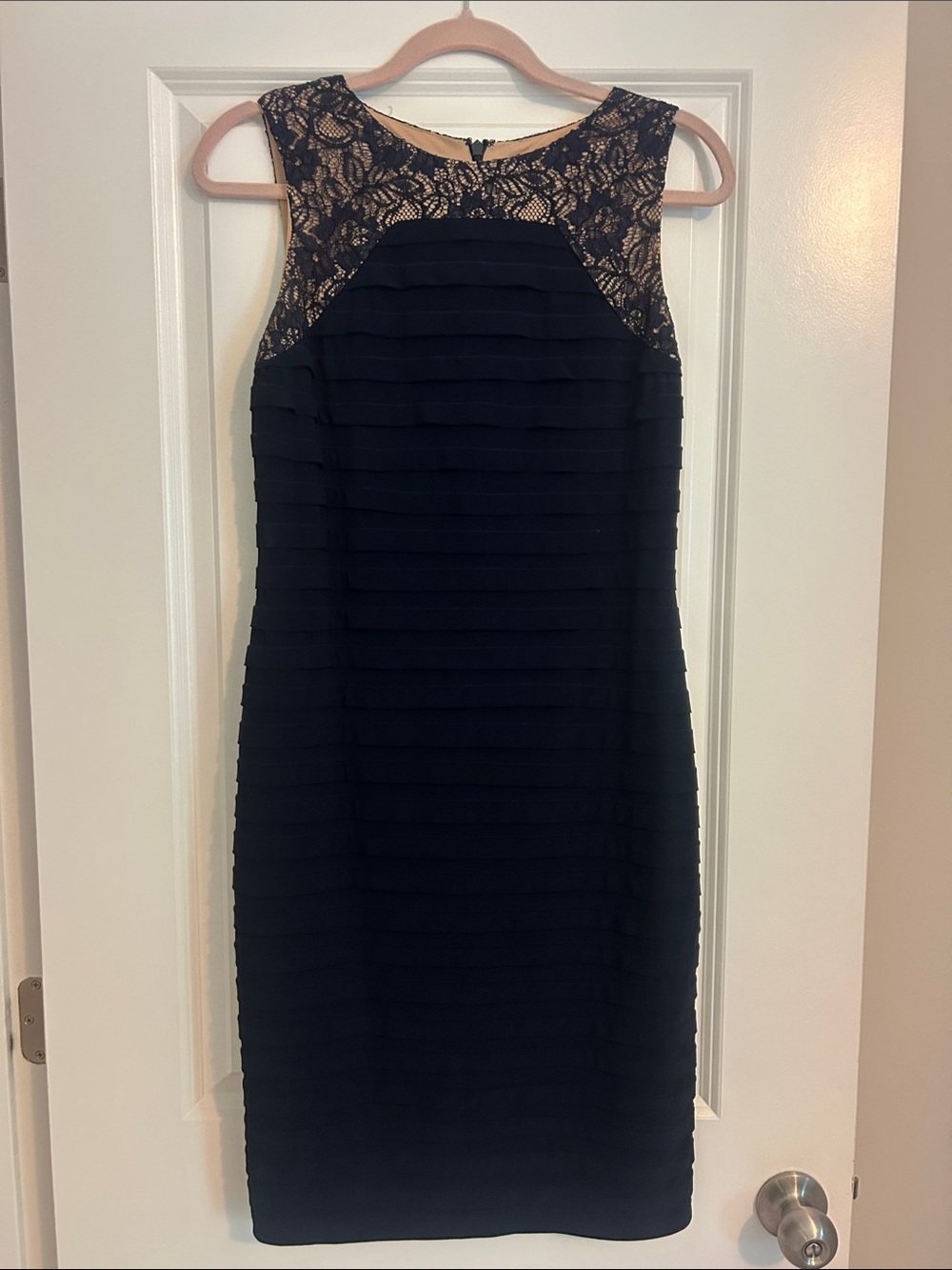Adrianna Papell Navy Sheath Dress with Lace Yoke